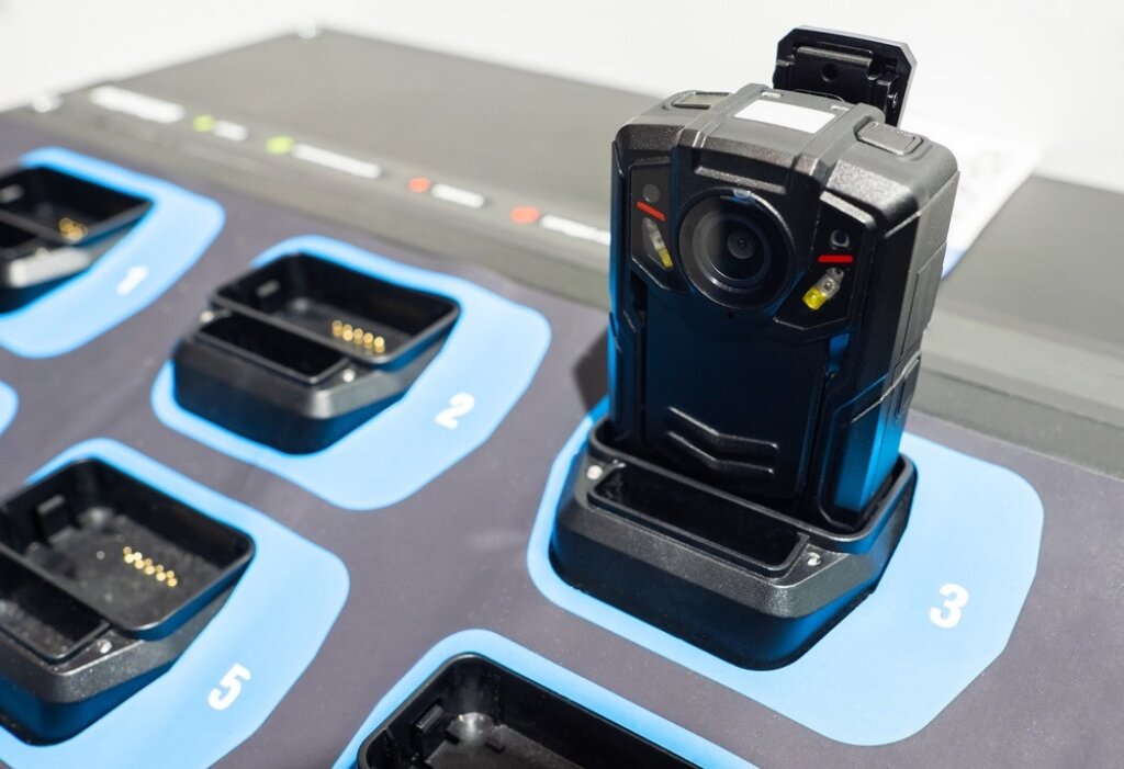 Body-worn camera on a charging dock.