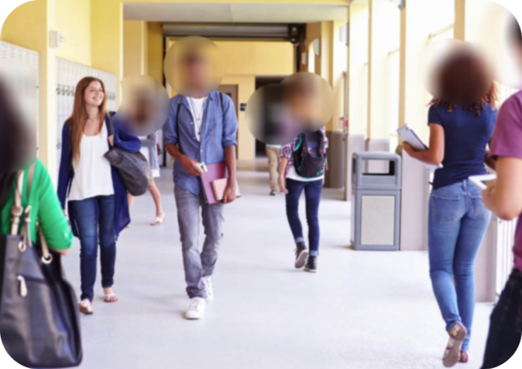 blurred faces of students walking in school hallway for personal data privacy.