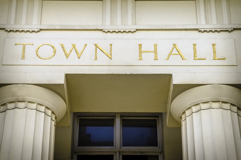 The entrance to a local government building, a town hall.