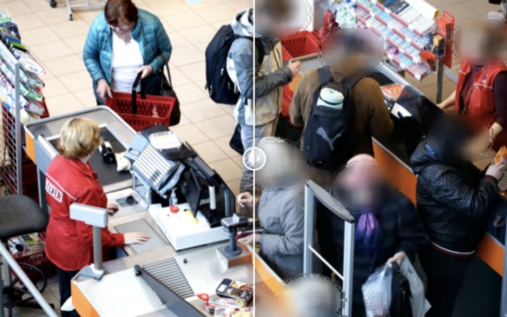 A before and after screenshot of people at shop checkouts: the people in the before section aren’t redacted, the people in the after section are.