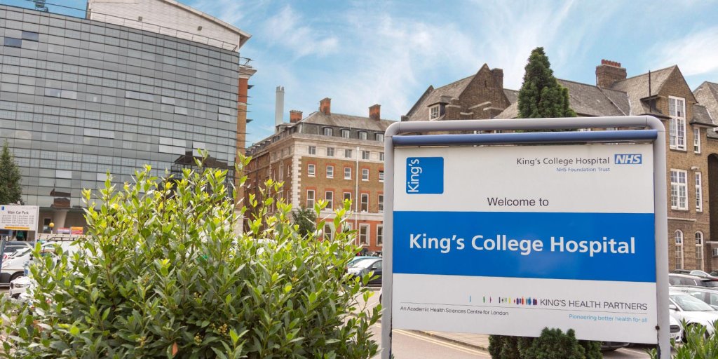 King’s College Hospital sign and building.