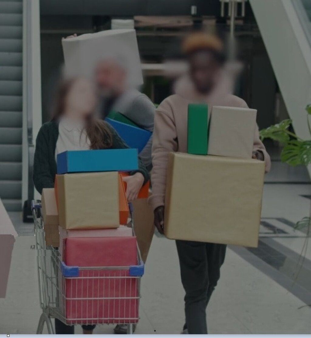 Two people in a shopping centre, one with a trolley, other carrying boxes. Their faces are blurred.