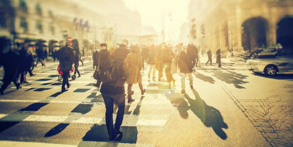 Busy pedestrian road crossing.